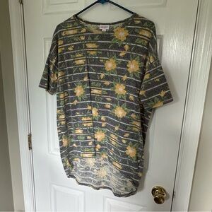 LuLaRoe Gray Tee with Yellow Floral and Stripes